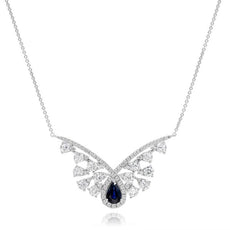 1.91CT DIAMOND & AAA SAPPHIRE 14K WHITE GOLD ROUND & PEAR SHAPE V SHAPE NECKLACE