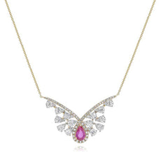 1.94CT DIAMOND & AAA PINK SAPPHIRE 14KT YELLOW GOLD ROUND & PEAR SHAPE NECKLACE