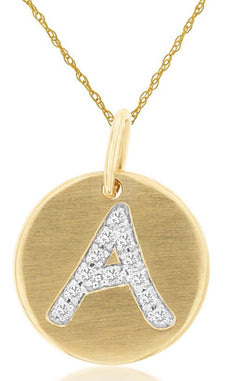 0.06CT DIAMOND 14KT YELLOW GOLD A INITIAL MATTE & SHINY CIRCULAR FLOATING PENDANT