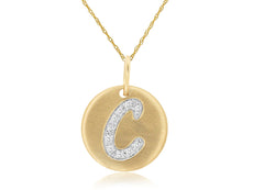 0.05CT DIAMOND 14KT YELLOW GOLD MATTE & SHINY C INITAL CIRCULAR FLOATING PENDANT