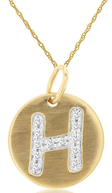 0.06CT DIAMOND 14KT YELLOW GOLD MATTE & SHINY H INITAL CIRCULAR FLOATING PENDANT