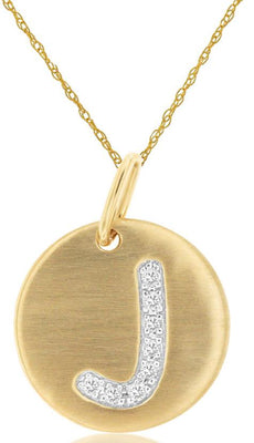 0.04CT DIAMOND 14KT YELLOW GOLD MATTE & SHINY J INITAL CIRCULAR FLOATING PENDANT