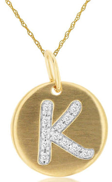 0.06CT DIAMOND 14KT YELLOW GOLD MATTE & SHINY K INITAL CIRCULAR FLOATING PENDANT