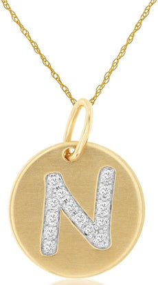 0.07CT DIAMOND 14KT YELLOW GOLD MATTE & SHINY N INITAL CIRCULAR FLOATING PENDANT