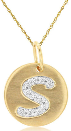0.06CT DIAMOND 14KT YELLOW GOLD MATTE & SHINY S INITAL CIRCULAR FLOATING PENDANT