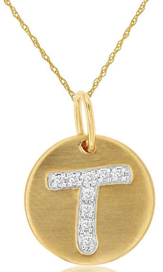 0.05CT DIAMOND 14KT YELLOW GOLD MATTE & SHINY T INITAL CIRCULAR FLOATING PENDANT