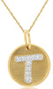 0.05CT DIAMOND 14KT YELLOW GOLD MATTE & SHINY T INITAL CIRCULAR FLOATING PENDANT