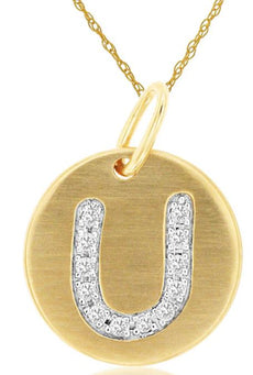 0.06CT DIAMOND 14KT YELLOW GOLD LETTER U INITIAL MATTE & SHINY FLOATING PENDANT