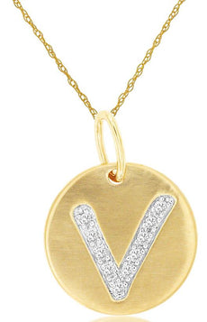 0.05CT DIAMOND 14KT YELLOW GOLD MATTE & SHINY V INITAL CIRCULAR FLOATING PENDANT