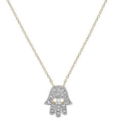 ESTATE .08CT DIAMOND 14KT YELLOW GOLD 3D CHAMSA HAMSA EVIL EYE LUCKY NECKLACE
