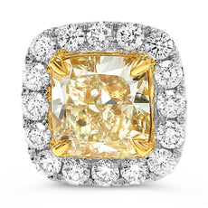 LARGE WHITE & FANCY YELLOW 5.68CT DIAMOND 18KT 2 TONE GOLD CUSHION STUD EARRINGS