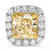 LARGE WHITE & FANCY YELLOW 5.68CT DIAMOND 18KT 2 TONE GOLD CUSHION STUD EARRINGS