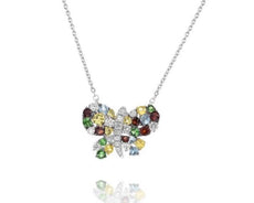 1.26CT DIAMOND & AAA MULTI GEM 14K WHITE GOLD 3D CLASSIC BUTTERFLY LOVE NECKLACE
