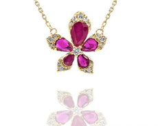 .89CT DIAMOND & AAA RUBY 14KT YELLOW GOLD 3D SNOWFLAKE FLOWER LOVE NECKLACE