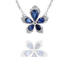 .98CT DIAMOND & AAA SAPPHIRE 14KT WHITE GOLD 3D SNOWFLAKE FLOWER LOVE NECKLACE