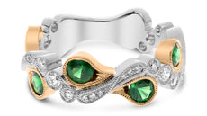 1.05CT DIAMOND & AAA TSAVORITE 14K WHITE & ROSE GOLD MULTI LEAF ANNIVERSARY RING