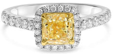 1.63CT CANARY & WHITE DIAMOND 18K 2 TONE GOLD 3D CUSHION & ROUND ENGAGEMENT RING