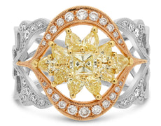 1.61CT WHITE & FANCY YELLOW DIAMOND 14K TRI COLOR GOLD PEAR SHAPE & CUSHION RING
