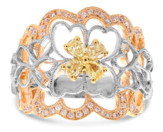 .57CT PINK & FANCY YELLOW DIAMOND 18K TRI COLOR GOLD PEAR SHAPE MULTI HEART RING