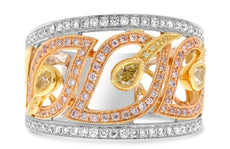 .84CT WHITE PINK & CANARY DIAMOND 18K TRI COLOR GOLD MULTI LEAF ANNIVERSARY RING