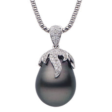 ESTATE .12CT DIAMOND AAA TAHITIAN PEARL 18K WHITE GOLD 3D MILGRAIN SWIRL PENDANT