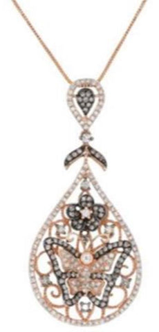 1.15CT WHITE & MOCHA DIAMOND 14KT ROSE GOLD FILIGREE BUTTERFLY TEAR DROP PENDANT