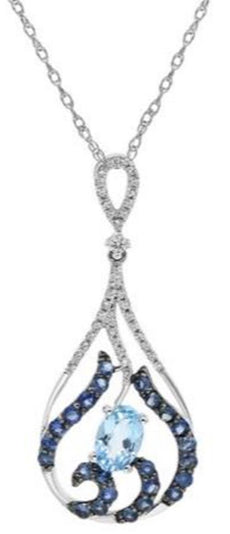 1.15CT DIAMOND, AAA BLUE TOPAZ & SAPPHIRE 14KT WHITE GOLD TEAR DROP FUN PENDANT