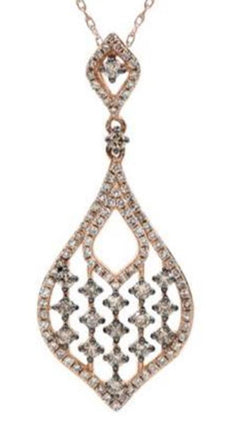 .85CT WHITE & MOCHA DIAMOND 14KT ROSE GOLD OPEN FILIGREE LEAF TEAR DROP PENDANT