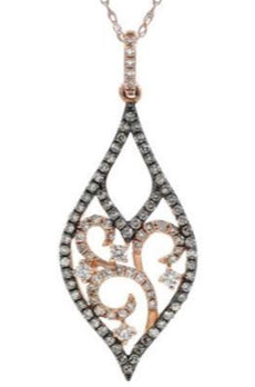 .46CT WHITE & MOCHA DIAMOND 14KT ROSE GOLD OPEN FILIGREE LEAF TEAR DROP PENDANT