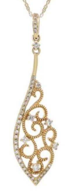.28CT DIAMOND 14KT YELLOW GOLD 3D OPEN FILIGREE LEAF TEAR DROP FUN PENDANT