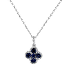 .72CT DIAMOND & AAA SAPPHIRE 14KT WHITE GOLD 3D FOUR LEAF CLOVER FLOWER PENDANT