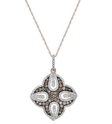 1.0CT WHITE & MOCHA DIAMOND 14KT WHITE & ROSE GOLD 4 LEAF CLOVER FLOWER PENDANT
