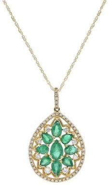 1.95CT DIAMOND & AAA EMERALD 14KT YELLOW GOLD MULTI SHAPE TEAR DROP FUN PENDANT