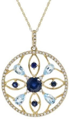 2.40CT DIAMOND, AAA SAPPHIRE & AAA TOPAZ 14K YELLOW GOLD FLOWER CIRCULAR PENDANT