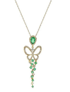 .82CT DIAMOND & AAA EMERALDS 14KT YELLOW GOLD 3D CLUSTER BUTTERFLY LOVE PENDANT