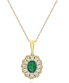 1.09CT DIAMOND & AAA EMERALD 14KT YELLOW GOLD 3D OVAL & ROUND CLASSIC PENDANT