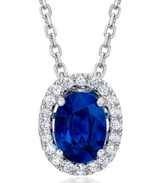 1.12CT DIAMOND & AAA SAPPHIRE 14KT WHITE GOLD OVAL & ROUND CLASSIC HALO PENDANT