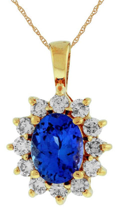 1.93CT DIAMOND & AAA TANZANITE 14KT YELLOW GOLD 3D OVAL & ROUND FLOWER PENDANT
