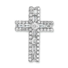 1.06CT DIAMOND 14KT WHITE GOLD 3D CLASSIC ROUND & BAGUETTE CHANNEL CROSS PENDANT