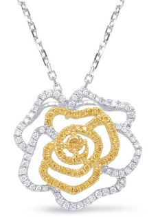 .49CT WHITE & FANCY YELLOW DIAMOND 14KT WHITE GOLD 3D FLOWER FLOATING PENDANT