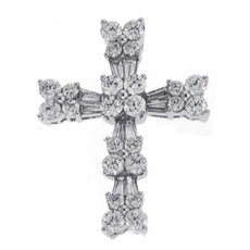 1.91CT DIAMOND 14KT WHITE GOLD 3D CLASSIC ROUND & BAGUETTE FLORAL CROSS PENDANT