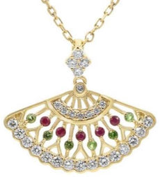 .32CT DIAMOND, AAA RUBY & AAA TSAVORITE 14KT YELLOW GOLD PEACOCK FLOWER NECKLACE