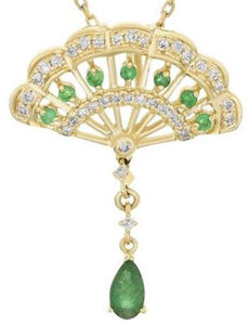 .46CT DIAMOND & AAA EMERALD 18KT YELLOW GOLD PEACOCK FLOWER TEAR DROP NECKLACE