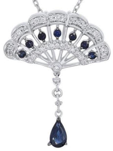 .60CT DIAMOND & AAA SAPPHIRE 14KT WHITE GOLD PEACOCK FLOWER TEAR DROP NECKLACE
