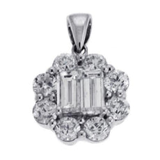1.24CT DIAMOND 14KT WHITE GOLD ROUND & BAGUETTE CLUSTER FLOWER FLOATING PENDANT