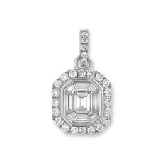 .62CT DIAMOND 14KT WHITE GOLD ROUND BAGUETTE & EMERALD CUT HALO FLOATING PENDANT