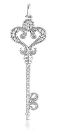 .28CT DIAMOND 14K WHITE GOLD CLASSIC KEY TO YOUR HEART FILIGREE FLOATING PENDANT