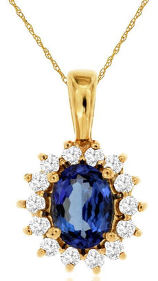1.05CT DIAMOND & AAA TANZANITE 14KT YELLOW GOLD 3D OVAL & ROUND FLOWER PENDANT