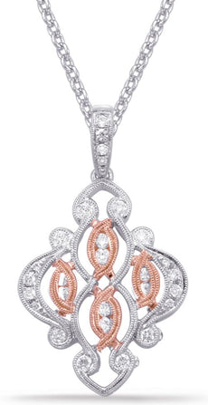 .49CT DIAMOND 14KT WHITE & ROSE GOLD 3D MULTI LEAF OPEN FILIGREE FLOWER PENDANT