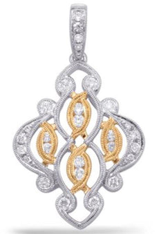 .49CT DIAMOND 14KT 2 TONE GOLD MULTI LEAF OPEN FILIGREE FLOWER FLOATING PENDANT